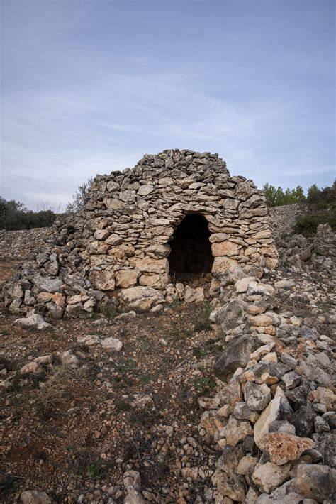 Barraca de piedra seca en un campo de viñedos
