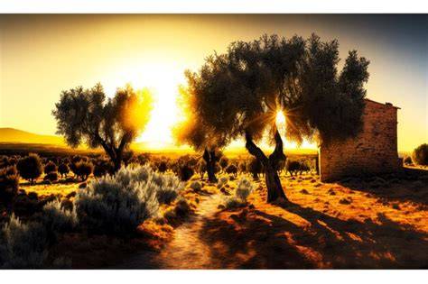 Olivos en un campo al atardecer
