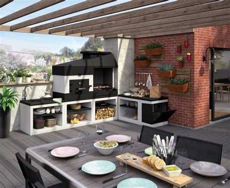 Diseño 3D de una terraza con barbacoa y barra en un patio interior
