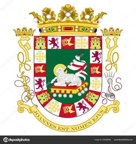 Escudo de armas de Puerto Rico detallado con la frase