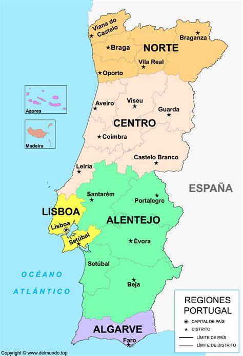 Mapa de Portugal destacando las regiones de Braga, Lafões y Alentejo