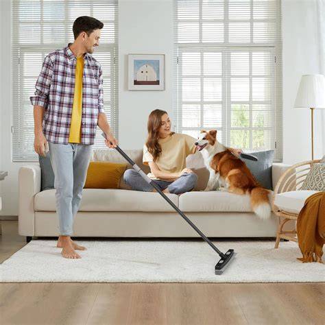 Mascota feliz en un hogar limpio con escoba de goma