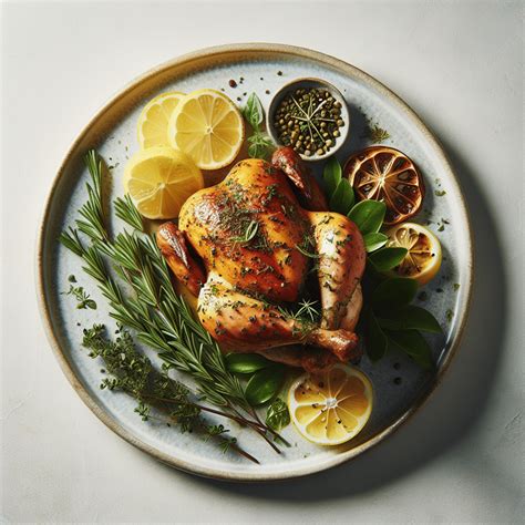 Pollo asado entero en una bandeja con hierbas y limón