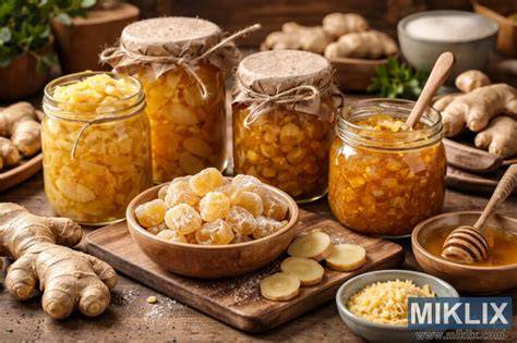 Diversas presentaciones de jengibre en frascos y recipientes