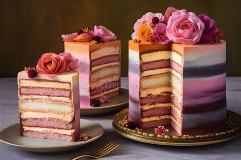 Pastel gourmet de capas con diferentes texturas y colores, decorado con flores comestibles