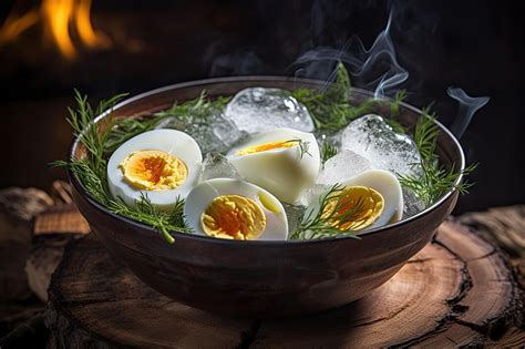 Huevos recién cocidos siendo sumergidos en agua fría con hielo