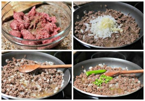 Proceso de cocción de la carne molida con cebolla y condimentos