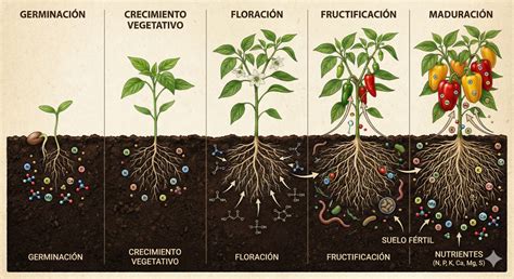 Ilustración de las diferentes fases de maduración del pimiento choricero