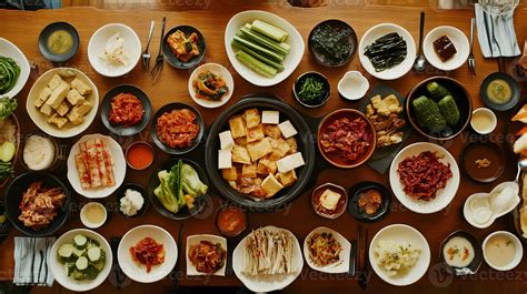 Mesa con una barbacoa coreana y varios platos de banchan