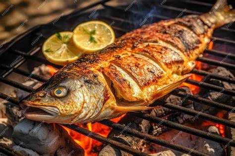 Pescado fresco en una parrilla