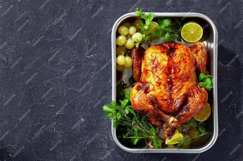 Pollo asado entero en una bandeja para horno