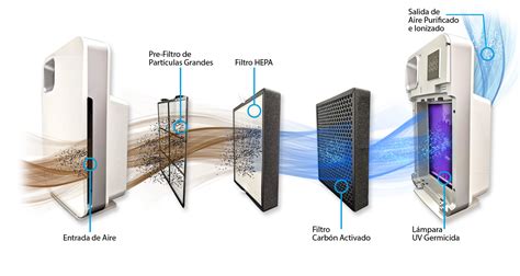 Diagrama de cómo funciona un purificador de aire con filtros HEPA y carbón activado