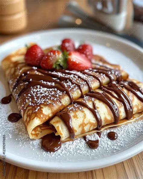 Crepes apilados con chocolate y frambuesas