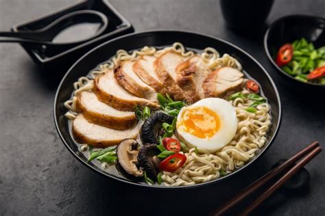 Tazón de ramen de pollo con fideos, huevo, pollo y cebolleta