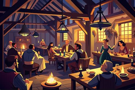 Ilustración de una taberna antigua y acogedora
