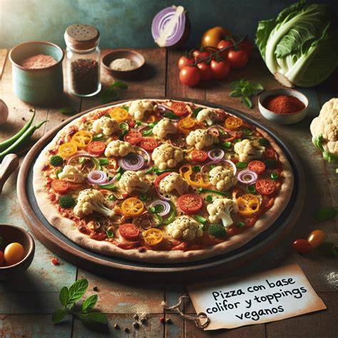 Pizza de coliflor terminada con diversos toppings