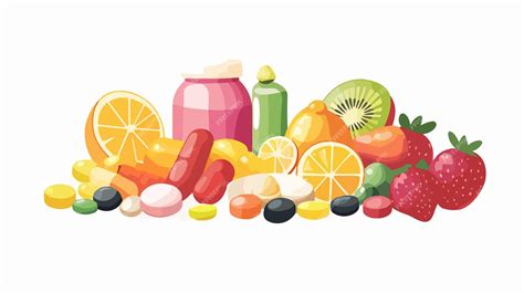 Ilustración de vitaminas y minerales en forma de píldoras y frutas