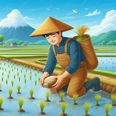 Agricultor trabajando en un campo de arroz
