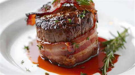 filete de salmón enrollado y envuelto en tocino antes de hornear