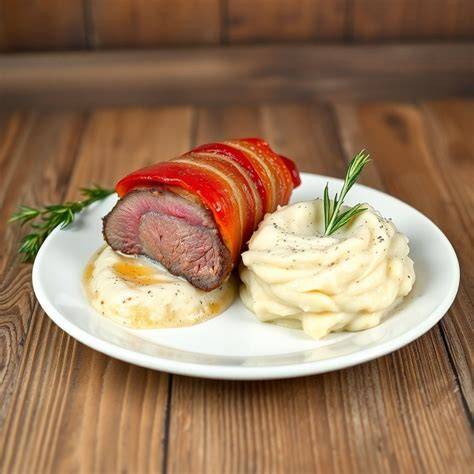 plato de salmón envuelto en tocino servido con puré de papas