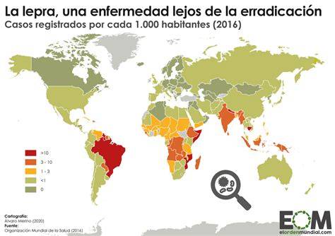 Mapa de distribución de la lepra en el mundo, destacando zonas de América del Sur.