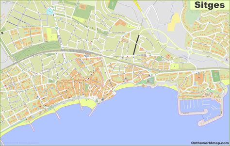 Mapa de Sitges destacando la zona del paseo marítimo y restaurantes