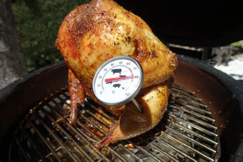 Pollo cocinándose sobre una lata de cerveza en una barbacoa con tapa