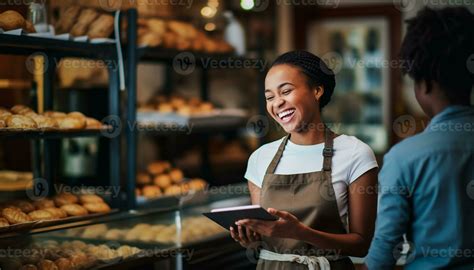 Sonrisa de empleado de panadería saludando a un cliente
