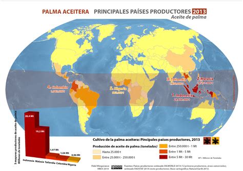 Mapa de las principales regiones productoras de aceite de palma y las zonas afectadas por la deforestación