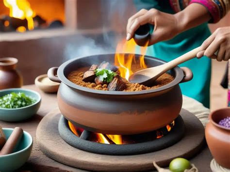 Cazuela de barro tradicional sobre fuego de leña con ingredientes frescos
