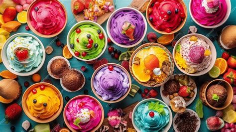 Variedad de helados coloridos y toppings disponibles en Crepes & Waffles