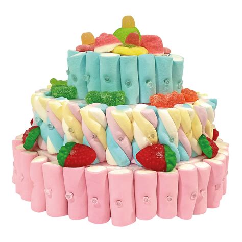 Ejemplo de tarta de chuches con múltiples pisos y decoración colorida