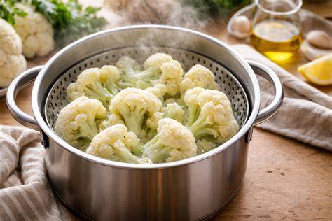 Coliflor cociéndose al vapor en una olla