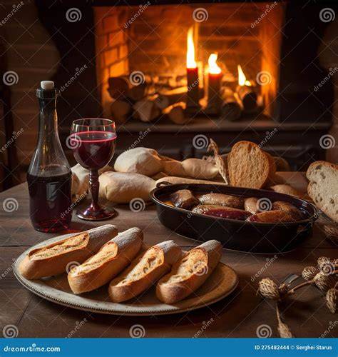 Ilustración de una mesa de la época barroca con pan, carne y vino