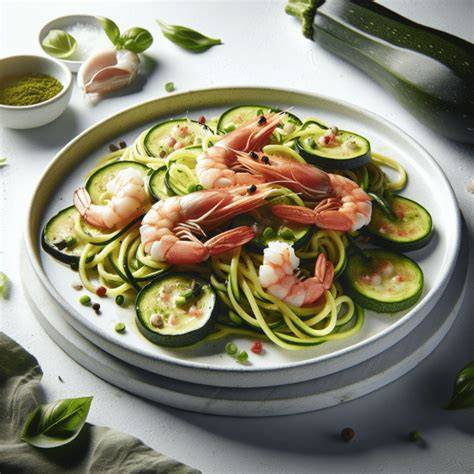 Plato elegante de espaguetis de calabacín con vieiras salteadas
