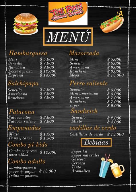 Variedad de comida rápida en un menú: hamburguesas, bocadillos y raciones