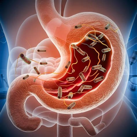 Ilustración del estómago humano y la bacteria Helicobacter pylori