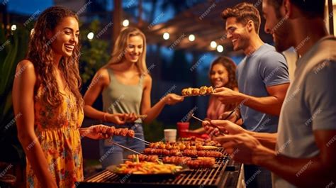 Familia y amigos disfrutando de una barbacoa de cordero al aire libre