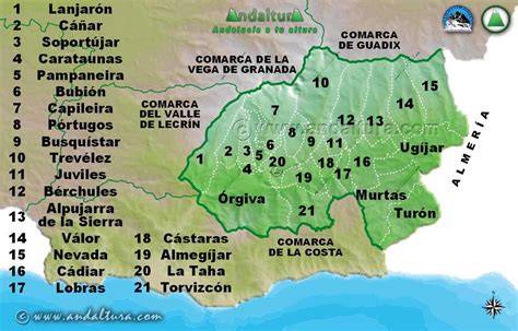 Mapa de la Alpujarra Granadina destacando los municipios productores de jamón