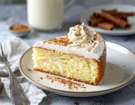 Pastel de tres leches decorado con crema y dulce de leche