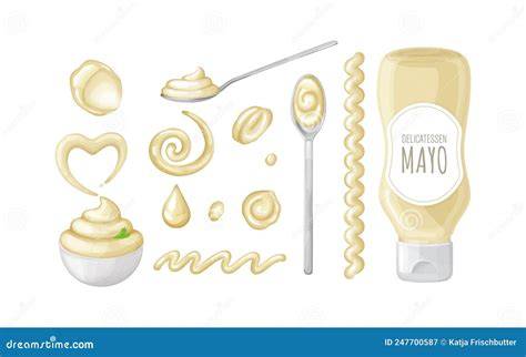 Ilustración de mayonesa en un tazón con diferentes aplicaciones culinarias