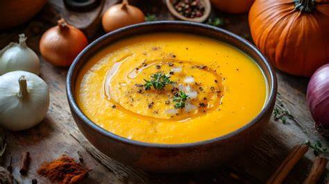 Plato de crema de calabaza con cebolla caramelizada