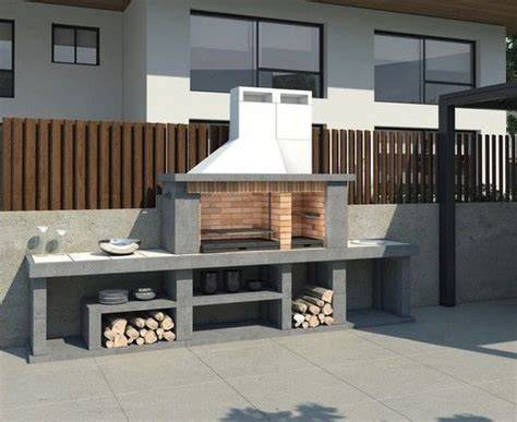 Barbacoa de obra con campana de hormigón refractario y parrilla