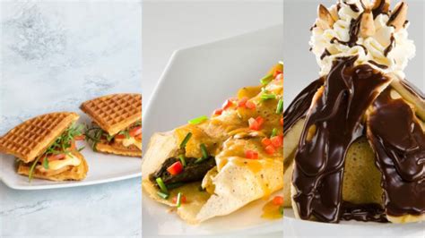 Muestra de postres como creps y waffles
