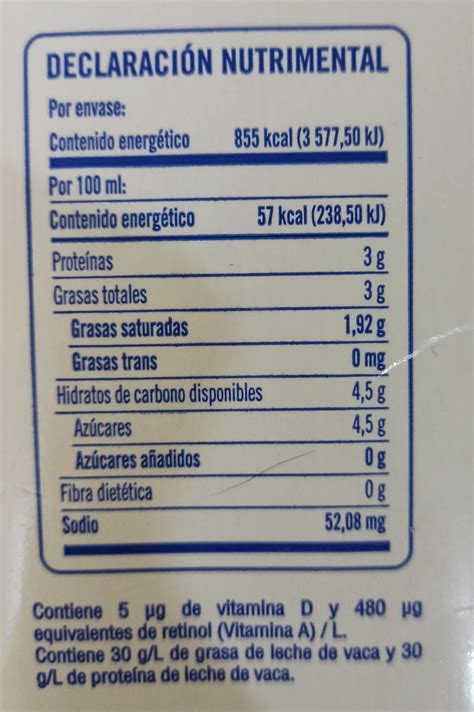 Información nutricional del envase de 1.5 litros de leche COVAP