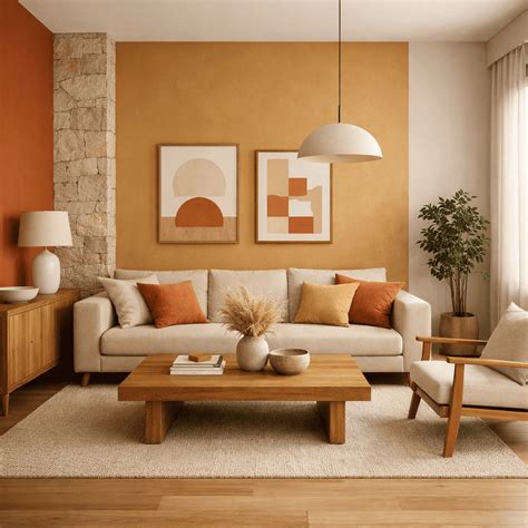 Interior moderno con paredes en tono ocre tostado y mobiliario de madera