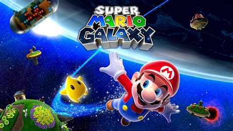 Póster de Super Mario Galaxy con Mario, Luigi y otros personajes en el espacio