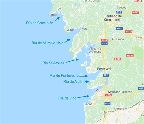 Mapa de las Rías Gallegas, principal zona de cultivo de mejillones