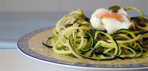 plato de espaguetis de calabacín con pesto y huevo