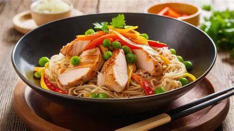 Ingredientes frescos para fideos de arroz con pollo y brócoli